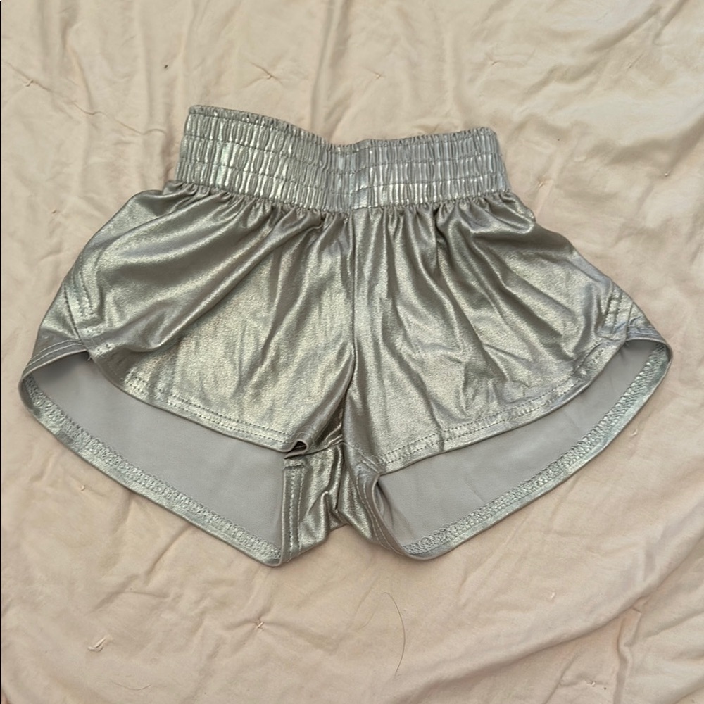Silver Shimmery Athletic Shorts with Elastic Waistband